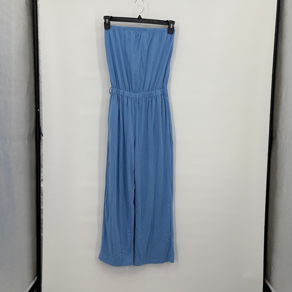 Zesica Basic Women Cornflower Blue Strapless Wide Leg Jersey Jumpsuit Size Small